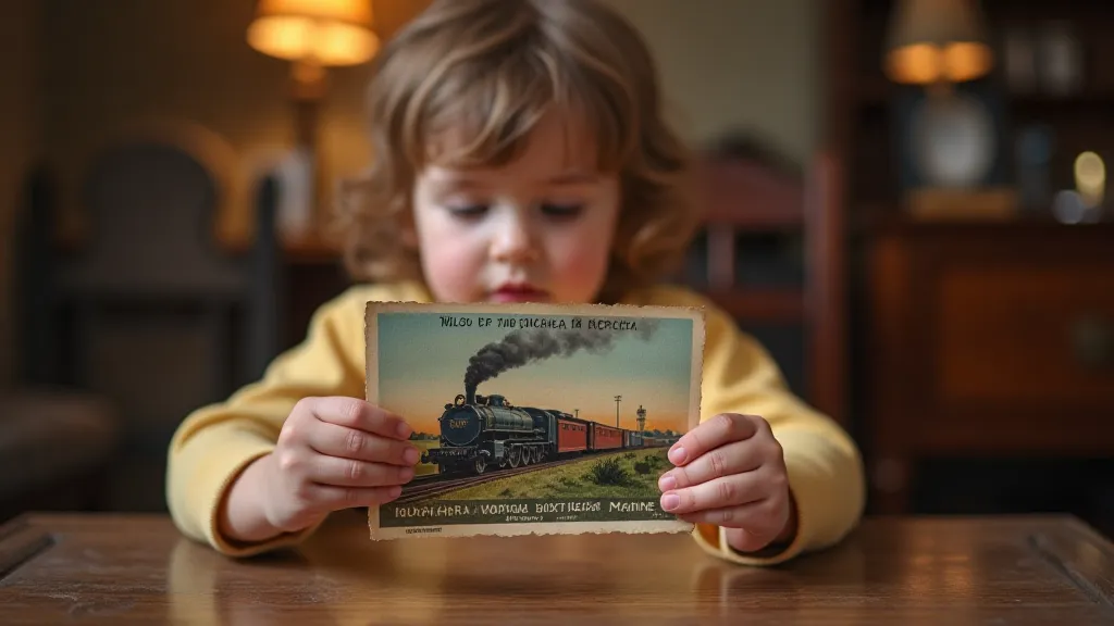 Child looking at a vintage postcard