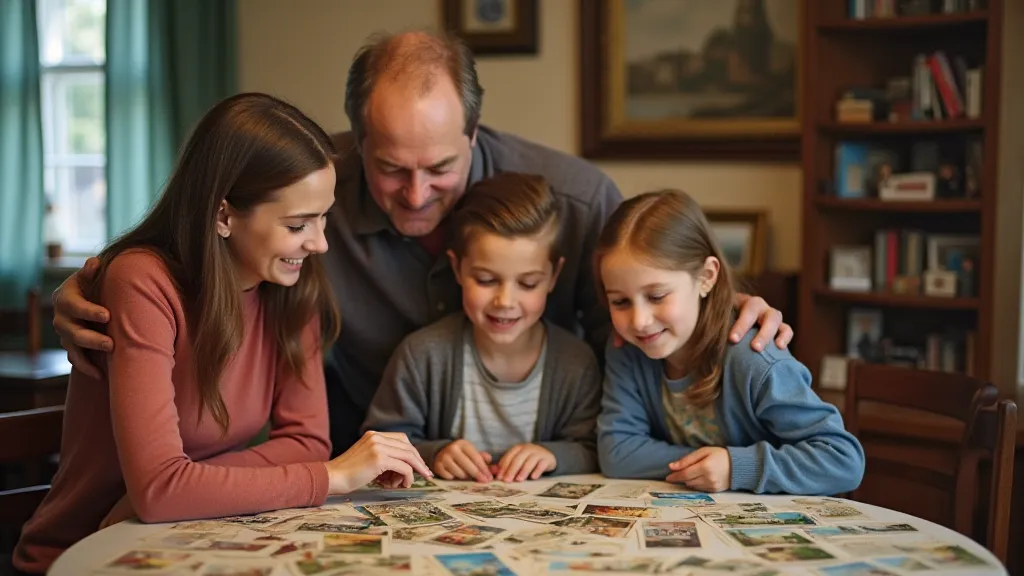 Family looking at vintage postcards