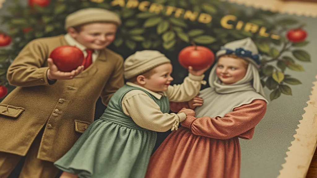 Vintage postcard of a Maine family harvesting apples