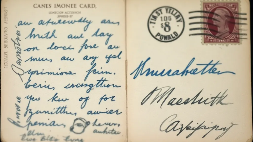 Close-up of handwriting on a vintage postcard back